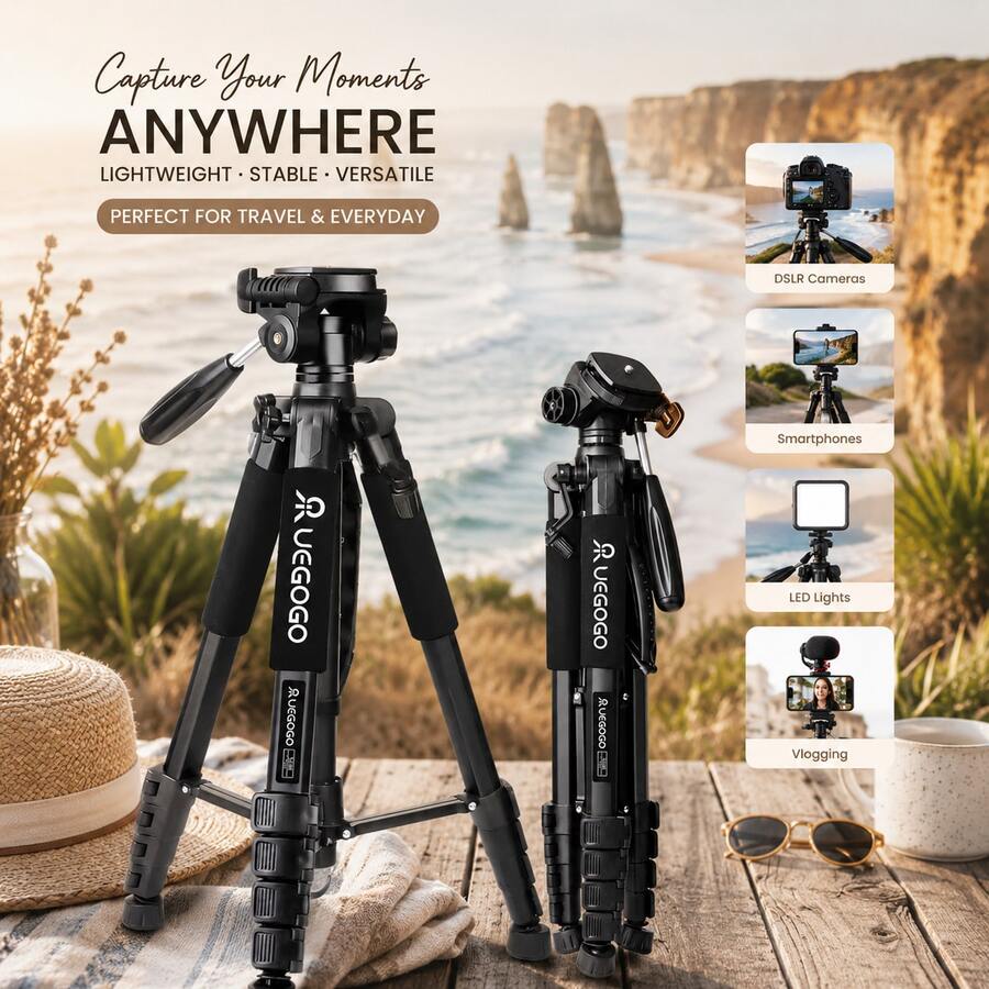 UEGOGO Chân máy ảnh/điện thoại U188 bằng hợp kim nhôm siêu nhẹ, dài 74 inch, phù hợp cho máy ảnh DSLR, quay vlog, phát trực tiếp, du lịch ngoài trời, phỏng vấn, chụp ảnh, quay video và chụp ảnh tự sướng. - Xem 1