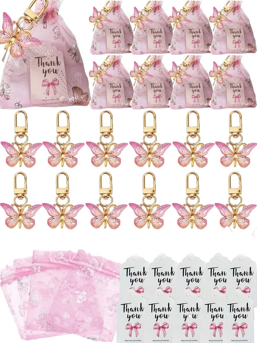 15/3pcs Butterfly Keychain Set, Includes Butterfly Keychain, Thank You Card, Pink Organza Bag, Party Gift Bag, Bridal Shower Decor, Wedding - Multicolor - View 1