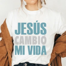 White Cotton T-Shirt With Religious Phrase "Jesus Changed My Life", Inspirational Casual Tops For Everyday Wear And Believers - 白色 - 查看 3