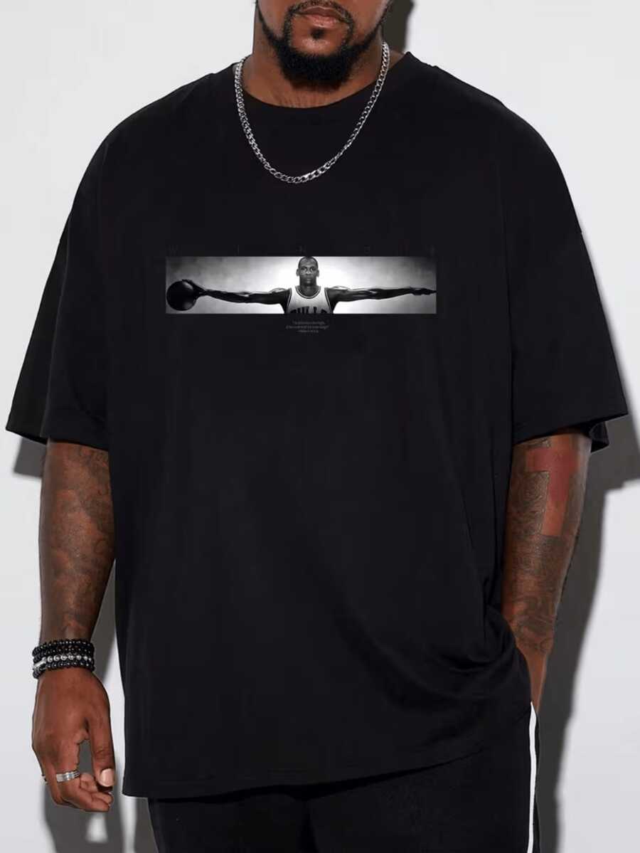 Camiseta Casual de Manga Corta para Hombre - Camiseta de verano transpirable con cuello redondo y estampado gráfico moderno de 'Baloncesto', lavable a máquina, corte regular, adecuada para uso casual, perfecta para salidas de verano. - Negro - Ver 1