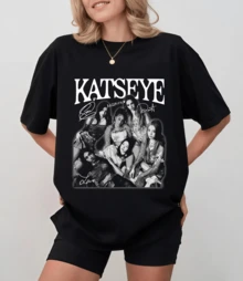Black And White Photo Print & Signatures KATSEYE K-Pop Style T-Shirt For Women - 黑色 - 查看 9