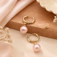 1 Pair Zinc Alloy Earrings, Alloy KC Gold Earrings With Red, White And Pink Resin Beaded Pendants, French Elegant Minimalist Classic Style, Suitable For Daily Wear, Parties, Gifts, Festivals And Celebrations - Zinc Alloy Earrings - View 4