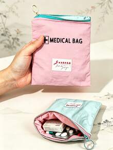 Portable "Medication" Printed Pouch, Pill Organizer Box, First Aid Kit, Cosmetic Bag, Coin Purse, Suitable For Daily Use/Outdoor/Travel, Travel-Friendly Medication Storage, Cosmetics & Phone Accessories Organizer, Travel Essential, Christmas Gift, Personalized Gift Bag, Small Gift Exchange, Room Decor - Multicolor - View 1