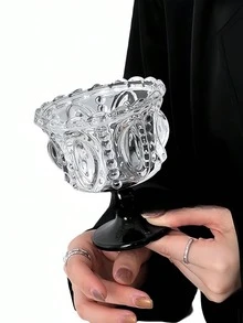1 件复古黑宫廷风格浮雕玻璃高脚杯，简约透明优雅设计，冰淇淋玻璃杯，甜点杯，适合客厅、咖啡厅、聚会 - 黑白 - 查看 13