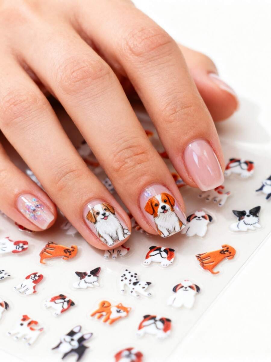 1 pieza Pegatinas de uñas para perro delgadas y flexibles con relieve, decoración de uñas autoadhesiva brillante, tema de dibujos animados, estilo suave y adorable, adecuado para manicura de mujer, cuidado de los pies, decoración de vacaciones - Multicolor - Ver 1