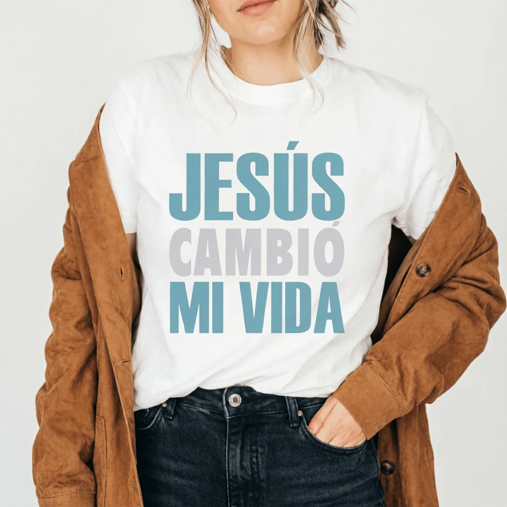 White Cotton T-Shirt With Religious Phrase "Jesus Changed My Life", Inspirational Casual Tops For Everyday Wear And Believers - 白色 - 查看 1