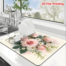 1/10Pcs Floral Printed Absorbent Dish Drying Mat For Kitchen Counter,Coffee Bar Mat,Non-Slip Rubber Backed,Hide Stains & Quick Dry,For Espresso Machine,Coffee Station,Cups & Sink - Multicolor - View 12
