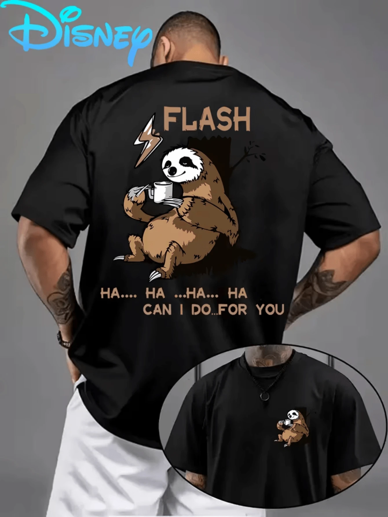 (Disney T Shirts)Disney Zootopia Flash The Sloth Print With Coffee Mug, Lightning Bolt And "Can I Do... For You" Quote Front Small Logo 100% Cotton Crew Neck Short Sleeve Graphic Tee Men's Funny Casual Everyday Comfortable Versatile Top, Mens Clothes, Men, Ropa De Hombre, Summer Clothes, Men Shirts, Graphic Tees, Disney Outfits Men, Graphic Tees, Camisetas Para Hombre, Camisas Para Hombre, Summer Outfits For Men, Father's Day Gift, Perfect Gift For Family And Friends, Which Are Necessary For Birthday Parties, Disney Shirts, Mens Clothes, Summer Clothes, Officially Licensed Disney T-Shirts, Disney Men's And Women's Spring/Summer Fashion Casual Short-Sleeve T-Shirts - 黑色 - 查看 1