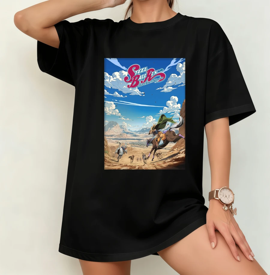 Black Oversized T-Shirt With JohJo's Bizarre A-Adventure Steel Ball Run SBR Racing Landscape Design - Unisex - Black - View 1