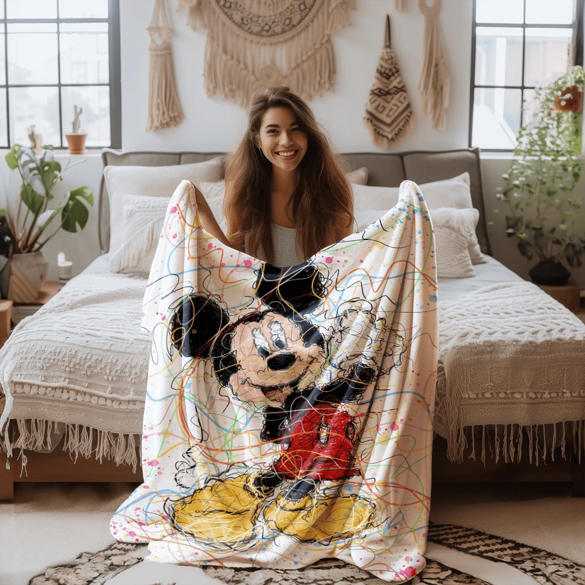 Disney 迪士尼主題米奇卡通法蘭絨印花毯，冷氣被 - 100% 聚酯纖維針織絎縫毯，數位印花 - 全季節舒適床上用品，適合午睡、露營、旅行 - 給家人和朋友的完美禮物，柔軟法蘭絨毯 - 多種尺寸可選，超柔軟，適用於沙發/床，四季必備 - 彩色 - 查看 1