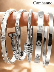1/5 piezas Brazalete de mujer de acero inoxidable chapado en oro, brazalete apilable clásico con incrustaciones de rhinestone, joyería resistente a la oxidación y al agua - Plateado - Ver 17