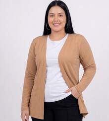 Women's Plain Cardigan Jacket With Slit, Plus Size, Kimono Style - Beige - View 3