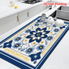 1/10pcs Blue And White Dish Drying Mat For Kitchen Counter, Vintage Flowers Printed Placemat For Espresso Machine, Home Decoration, Non-Slip Rubber Backed, Hide Stain Kitchen Super Absorbent Draining Mat, Easy To Clean Dish Rack Pad - Blue - View 7