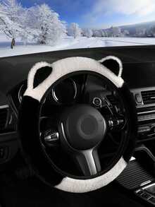 1pc Fluffy Soft Cute Panda/Kitten Ear Car Steering Wheel Cover, 14-15 Inch, Pink/Black/Gray, Car Interior Accessory, Winter - Protective Case - View 3
