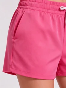 Pantalones cortos casuales con cintura elástica y cordón, con bolsillos laterales - Rosa Fucsia - Ver 8