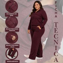Women's Plus Size Ribbed Knit Set With Front Zipper And Pockets, Elastic Waist Pants, Casual Fashion - Burgundy - View 4