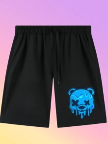 1pc Men's Melting Bear Print Shorts- Matching Shorts, Suit For Gym, Casual & Night Out, Machine Washable Sportswear (Spring/Summer) - Blue Neon Glow Design, Comfortable Round Neck & Drawstring Waist, Breathable Fabric For Year-Round Wear, Stylish Matching Shorts For Men With Glowing Bear Print, Ideal For Sports & More - Graphic Shorts, Cotton Shorts, Casual Shorts, Oversized Shorts, Cool Shorts, Everyday Shorts, Basic Shorts, Comfy Shorts, Summer Shorts, Mens Clothes, Graphic Shorts Men. - Quần short đen - Xem 1