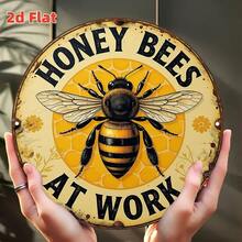 2D Flat Metal Surface Round Wall Decor Ornament, Bee Theme "Bee Collecting Nectar" American Vintage Iron Plaque, Size 20x20cm, Weather Resistant, Suitable For Indoor And Outdoor Use, Can Be Used For Garden, Farm, Beehive, Etc., Perfect Gift For Gardening Enthusiasts And Natural Style Home Decor, Featuring Bee Theme And Fun Font Design. - Bee - View 1