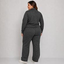 Women's Plus Size Ribbed Knit Set With Front Zipper And Pockets, Elastic Waist Pants, Casual Fashion - Negro - Ver 2