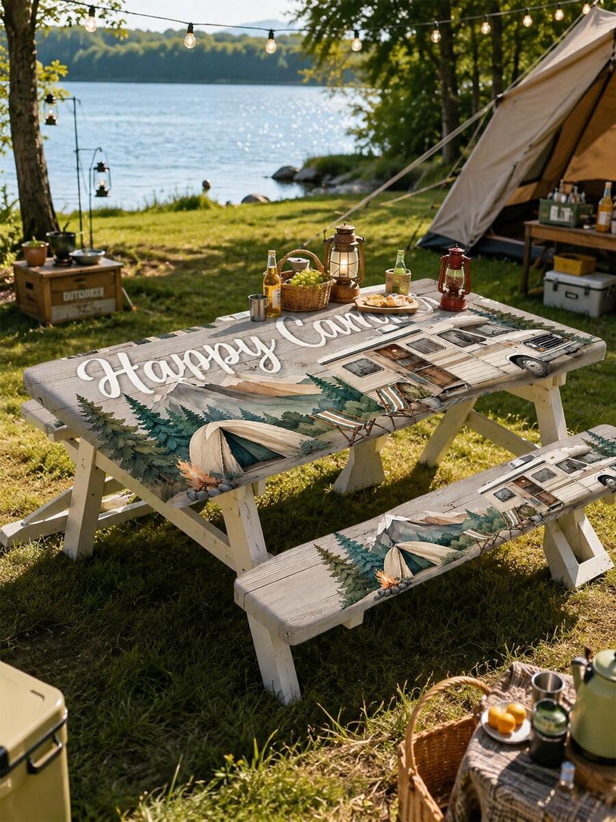 1套 4FT/6FT/8FT 野餐桌布 3件組，「Happy Camper」復古露營車與松樹露營印花，彈性邊緣防滑桌布 + 2個長凳套，戶外露營 RV 露台野餐烤肉派對裝飾 - 彩色 - 查看 1