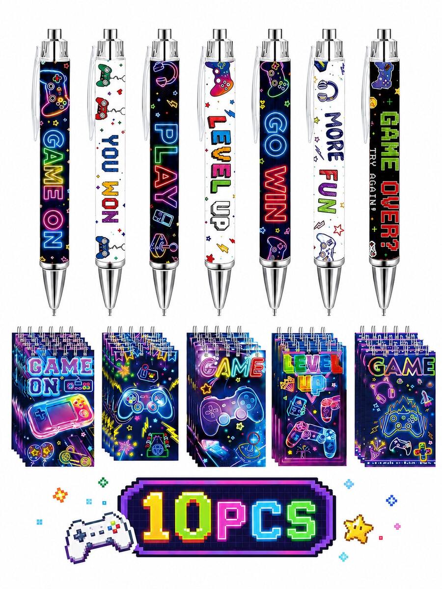 10PCS Game Theme Mini Spiral Notebooks And Ballpoint Pens Set, Colorful Neon Game Controller Pixel Pattern Stationery, Portable Memo Pads For School, Classroom, Office, Suitable As Birthday Party Favors, Classroom Rewards, Gamer Gifts And Video Game Party Supplies - Game-themed Sticky Notepad + Themed Pen - View 1