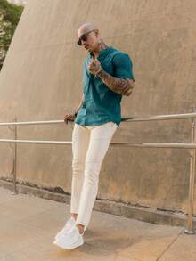 Men's Short Sleeve Shirt With Priest Collar, Premium Quality, Light And Fresh Fabric, Easy To Iron, Summer , End Of Year And Beach - 水鴨藍 - 查看 6