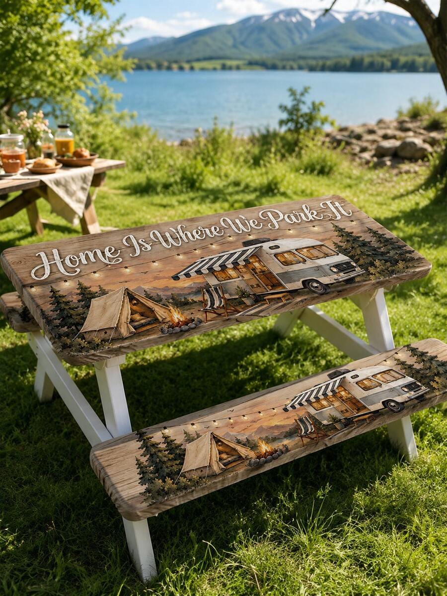 1 Set 4FT/6FT/8FT Picnic Table Cover 3-Piece Set, "Home Is Where We Park It" Vintage RV Tent Camping Print, Elastic Edged Non-Slip Tablecloth + 2 Bench Covers, Outdoor Camping RV Patio Picnic BBQ Party Decor - Multicolor - View 1