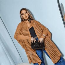 Women's Long-Sleeved Open Knit Poncho Kimono - Elegant New Release - Winter Fashion - RS Knitwear - 駝色 - 查看 1