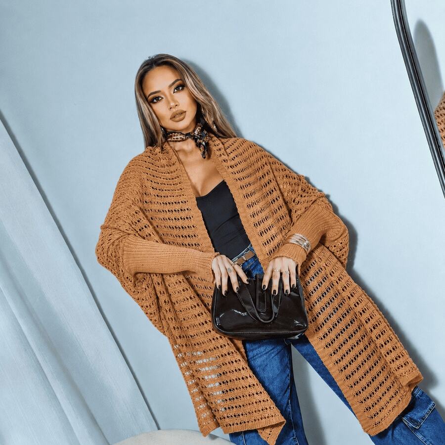 Women's Long-Sleeved Open Knit Poncho Kimono - Elegant New Release - Winter Fashion - RS Knitwear - 駝色 - 查看 1