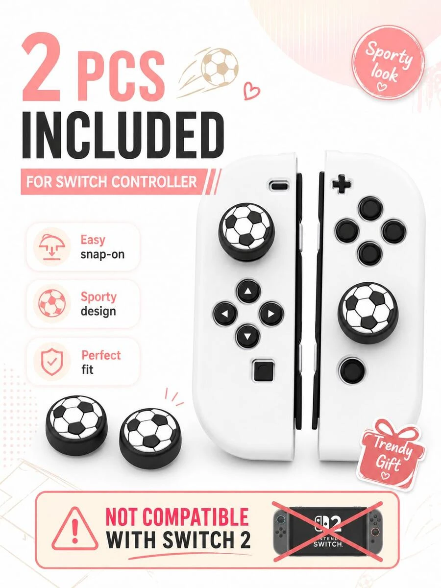 2 件黑白足球图案拇指握把帽操纵杆帽兼容 Switch NS/Switch OLED/Switch Lite 硅胶帽游戏机 Joycon 按钮帽操纵杆配件，与 Switch 玩家兼容的最佳礼物