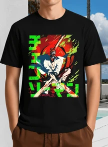 Unisex T-Shirt With Chainsaw M-Man Denji In Battle - Dynamic Anime Action Design - Black - View 8