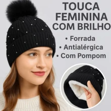 Women's Winter Thermal Hat With Glitter, Hypoallergenic, Lined With A Cute And Stylish Pom-Pom, Warm And Stylish. - MYA-41 rosa c/ pedrinhas - 查看 2