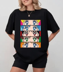 Women's Oversized T-Shirt With Eye Print - S-Sailor M-Moon Retro Anime Style - Black - View 7