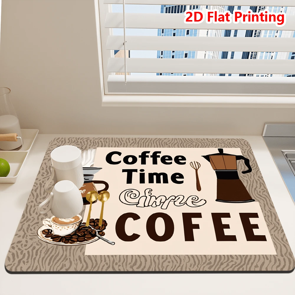 1/10Pcs Coffee Time Printed Dish Drying Mat For Kitchen Counter Coffee Mat Bar Accessories, Hide Stain, Rubber Backed, Absorbent, Fit Under Coffee Maker, Espresso Machine, Pot, Dish Rack - Multicolor - View 1