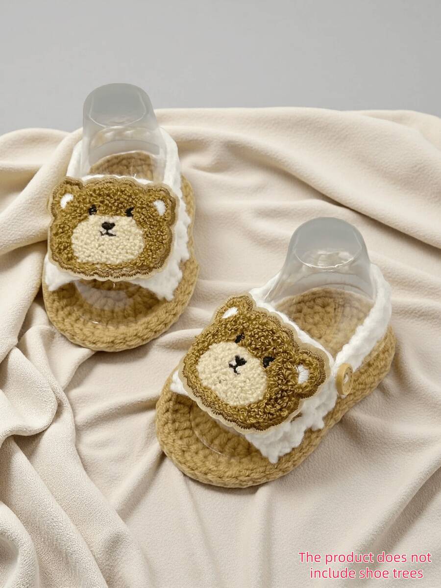 1 Pair Hand-Crocheted Infant Booties With Teddy Bear Pattern, Knitted Infant Shoes, Beige, Newborn - White - View 1