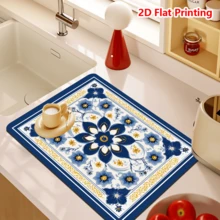 1/10pcs Blue And White Dish Drying Mat For Kitchen Counter, Vintage Flowers Printed Placemat For Espresso Machine, Home Decoration, Non-Slip Rubber Backed, Hide Stain Kitchen Super Absorbent Draining Mat, Easy To Clean Dish Rack Pad - Blue - View 14