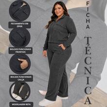 Women's Plus Size Ribbed Knit Set With Front Zipper And Pockets, Elastic Waist Pants, Casual Fashion - Negro - Ver 4