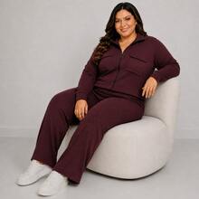 Women's Plus Size Ribbed Knit Set With Front Zipper And Pockets, Elastic Waist Pants, Casual Fashion - Burgundy - View 5