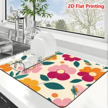 1/10Pcs Spring Flower Pattern Dish Drying Mat For Kitchen Counter, Non-Slip Heat Resistant Diatom Drainer Mats, Hide Stain Kitchen Super Absorbent Draining Mat, Easy To Clean Dish Rack Pad, For Espresso Machine,Coffee Station,Cups & Sink - Multicolor - View 2