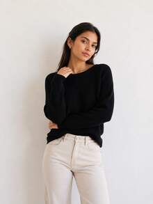 Women's Black Knit Blouse With Batwing Sleeves, Oversized Ribbed Knit Sweater, Loose Fit, Casual Fashion - 黑色 - 查看 2