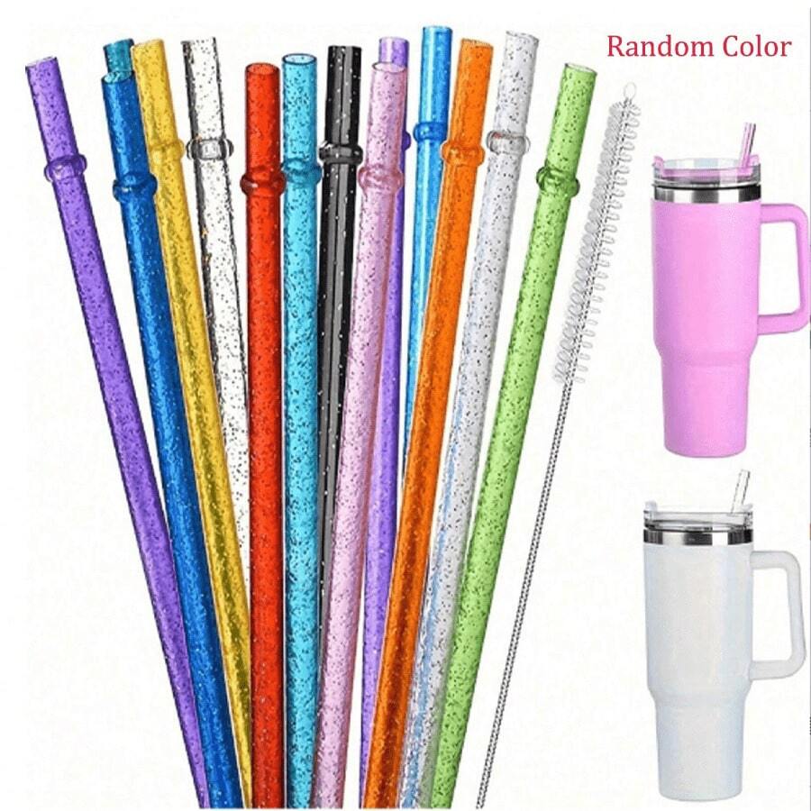 12pcs, Straw, Reusable Clear Plastic Glitter Straws, 12.4/9.06 Inch Extra Long Tumbler Straws For Cups, 1 Gallon, Water Bottles, Straw With Cleaning Brush, Party Supplise(1/3/6/12pcs) - Multicolor - View 1