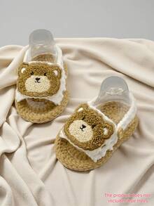 1 Pair Hand-Crocheted Infant Booties With Teddy Bear Pattern, Knitted Infant Shoes, Beige, Newborn - White - View 7
