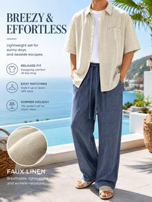 2pcs Linen-Like Men's Vacation Set, Loose Draping Breathable Long Pants 2 Pieces Suit, Suitable For Beach Vacation, Beach Strolling, Machine Washable - Multicolor - View 4