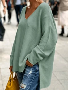 1pc V-Neck Knit Top, Front Short Back Long Hem With Slit, Suitable For Spring, Autumn, Winter Fall - Mint Green - View 4