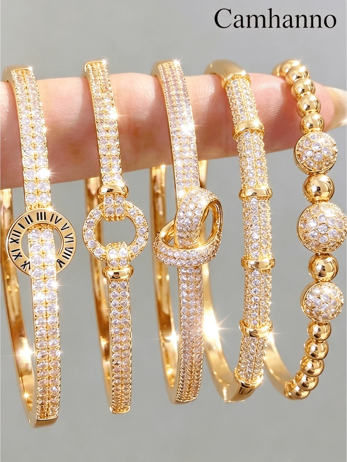Camhanno 5/1pc Set Exquisite Luxury Copper-Tone Bracelet Set, 5pc Eye-Catching Layered Style, Inlaid Details & Mixed Patterns, Perfect For Commute Outfits - Gold - View 1