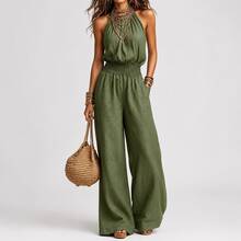 Women's Khaki Boho Halter Wide Leg Jumpsuit, Sexy Sleeveless Smocked Waist, Light Linen-Like Fabric, Summer Essential For Beach & Casual Daily Wear - Green - View 1