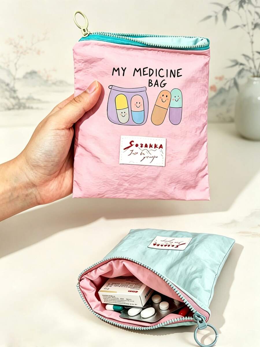 「Medicine」圖案印花便攜藥袋 藥丸收納盒 急救包 化妝包 零錢包,適合日常使用/戶外/旅行,便於攜帶的收納、化妝品、手機及其他小物品收納,旅行必備,聖誕禮物,個性化禮物袋,小禮物交換,房間裝飾 - 彩色 - 查看 1