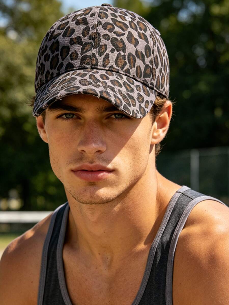 Unisex Leopard Print Distressed Denim Baseball Cap - A - View 1