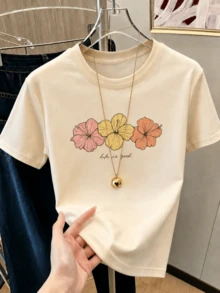 Camiseta de manga corta con estampado de flores para mujer, ropa de primavera, atuendo para festividades, color albaricoque para verano, look playero, estilo vacacional, estilo rural, atuendo de oficina para mujer. - Albaricoque - Ver 7
