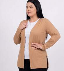 Women's Plain Cardigan Jacket With Slit, Plus Size, Kimono Style - Beige - View 4